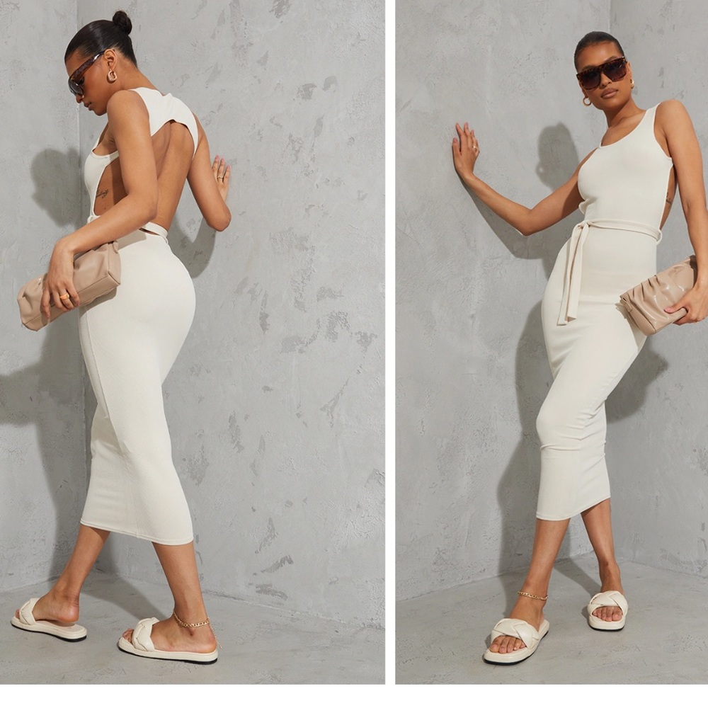 Cream Rib Cut Out Back Detail Tie Waist Dress
